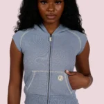 BODY BY RAVEN WAFFLE KNIT SLEEVELESS ZIP HOODIE (BLUE/CREAM)